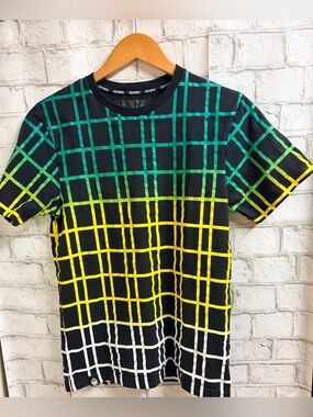 Nomis Men's Black Grid Tee with Green and Yellow Fade Size Small